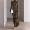 Autumn New Women's Clothing European and American, Temperament Slim-fitting High-necked Pleated Hip-wrapped Long-sleeved Dress Dress