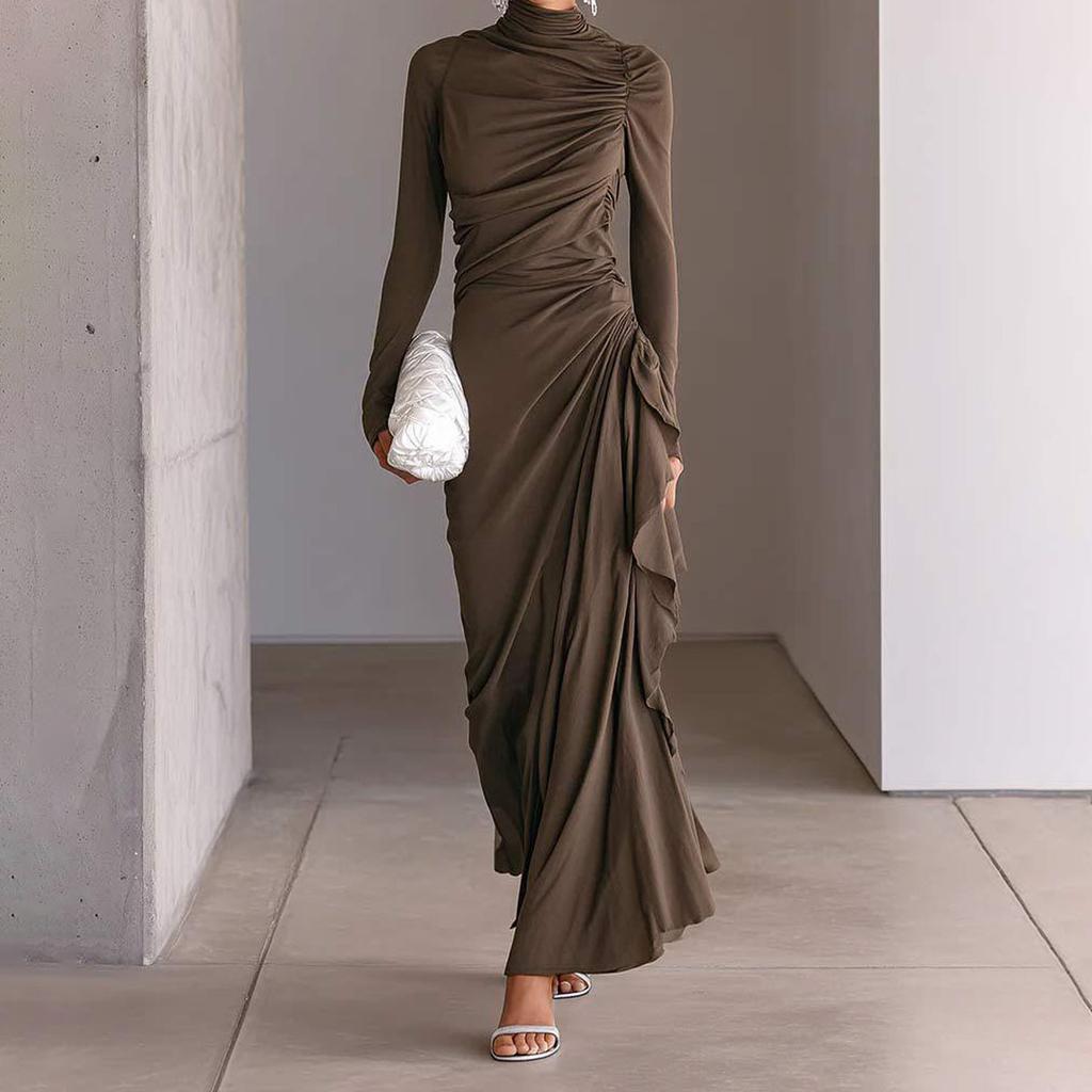 Autumn New Women's Clothing European and American, Temperament Slim-fitting High-necked Pleated Hip-wrapped Long-sleeved Dress Dress