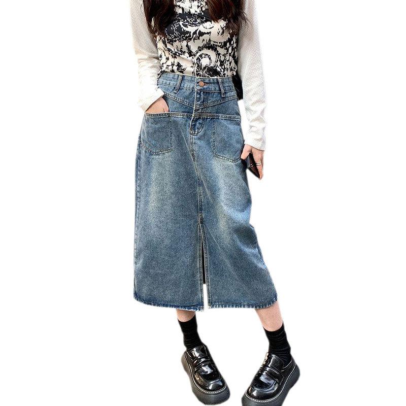 Bottoms Elegant Classic Woman Design Pockets Women Split A-line Vintage Package Hip Mid-length Versatile Comfortable Fashion Denim Bustier Skirt