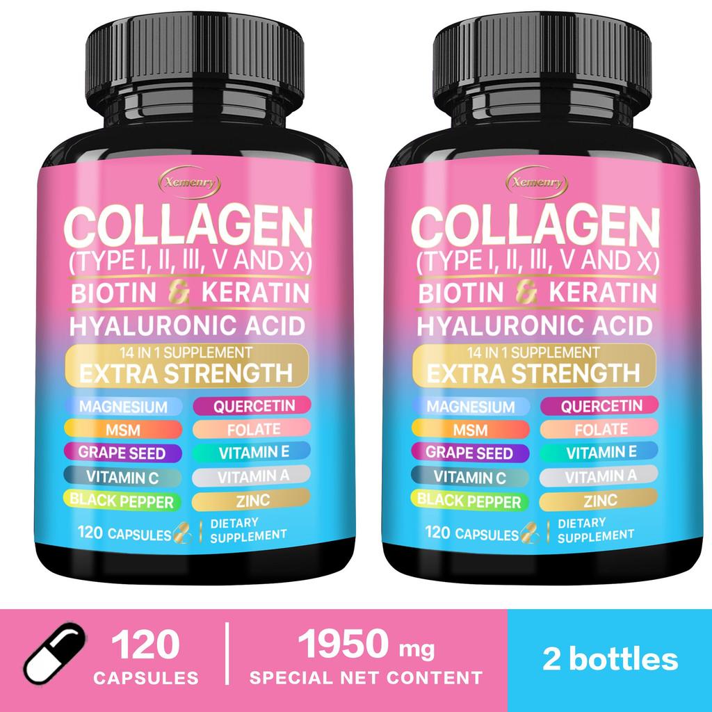 Collagen Peptide Capsules Containing Biotin, Keratin, Vitamin C, Vitamin E, Zinc, Magnesium, and Skin Health Support.