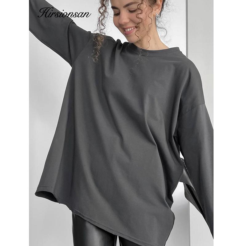 Hirsionsan Tricou cu mânecă lungă, 100% bumbac, cu decolteu în formă de O, pentru femei, tricouri solide, toate se potrivesc