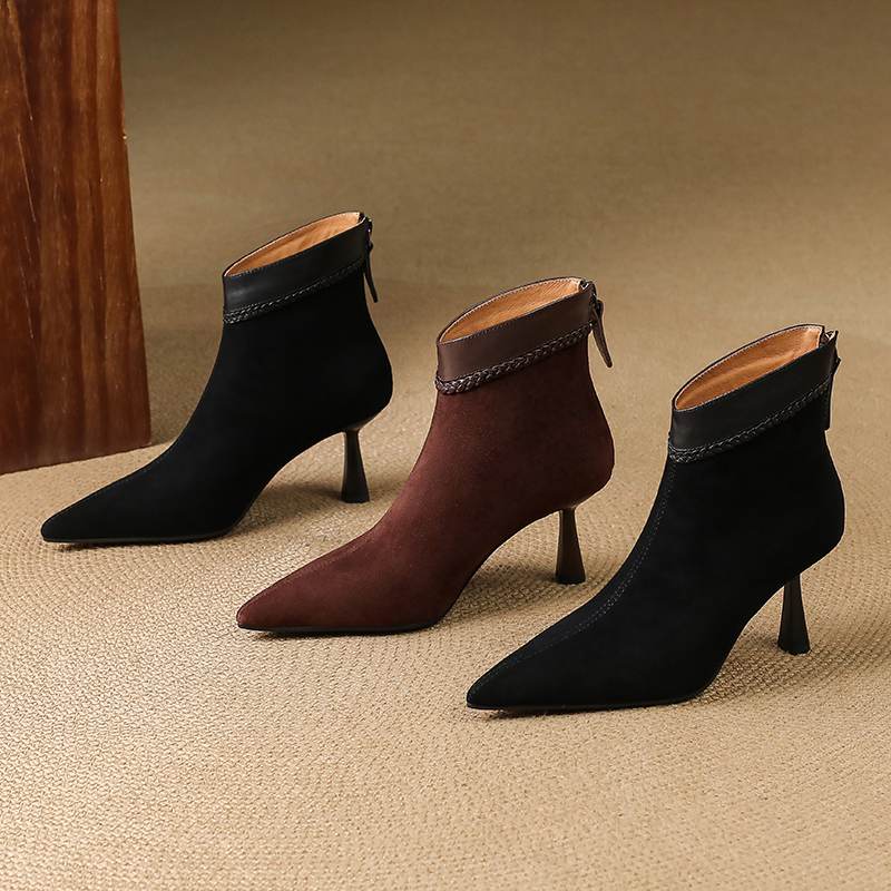 Krazing Pot Sheep Suede Autumn Winter Shoes Stiletto Thin High Heels Big Size 40 Modern Boots Pointed Toe Keep Warm Zip Ankle Boots