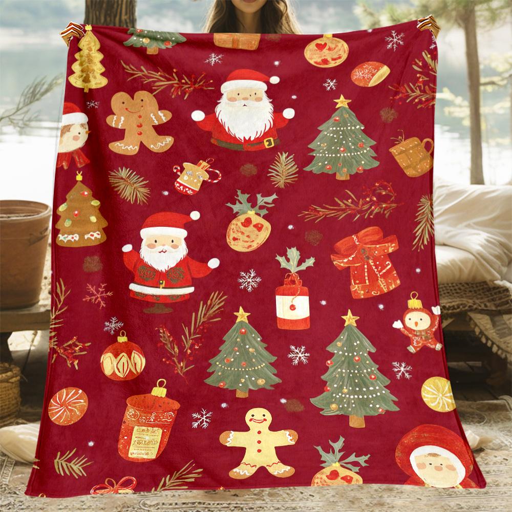 Christmas Polyester Knit Blanket Lightweight HD Print Travel Throw for Sofa Bed Living Room Four Season Gift