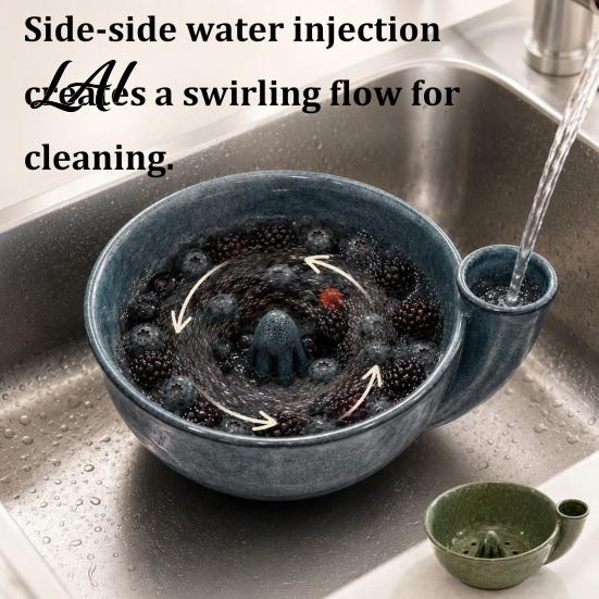 Manual Berry Washer Self-Spinning Colander Bowl with Holes Ceramic Vortex Rinsing Efficient Fruit Washing Spout Strainer Cleaner for And Vegetable
