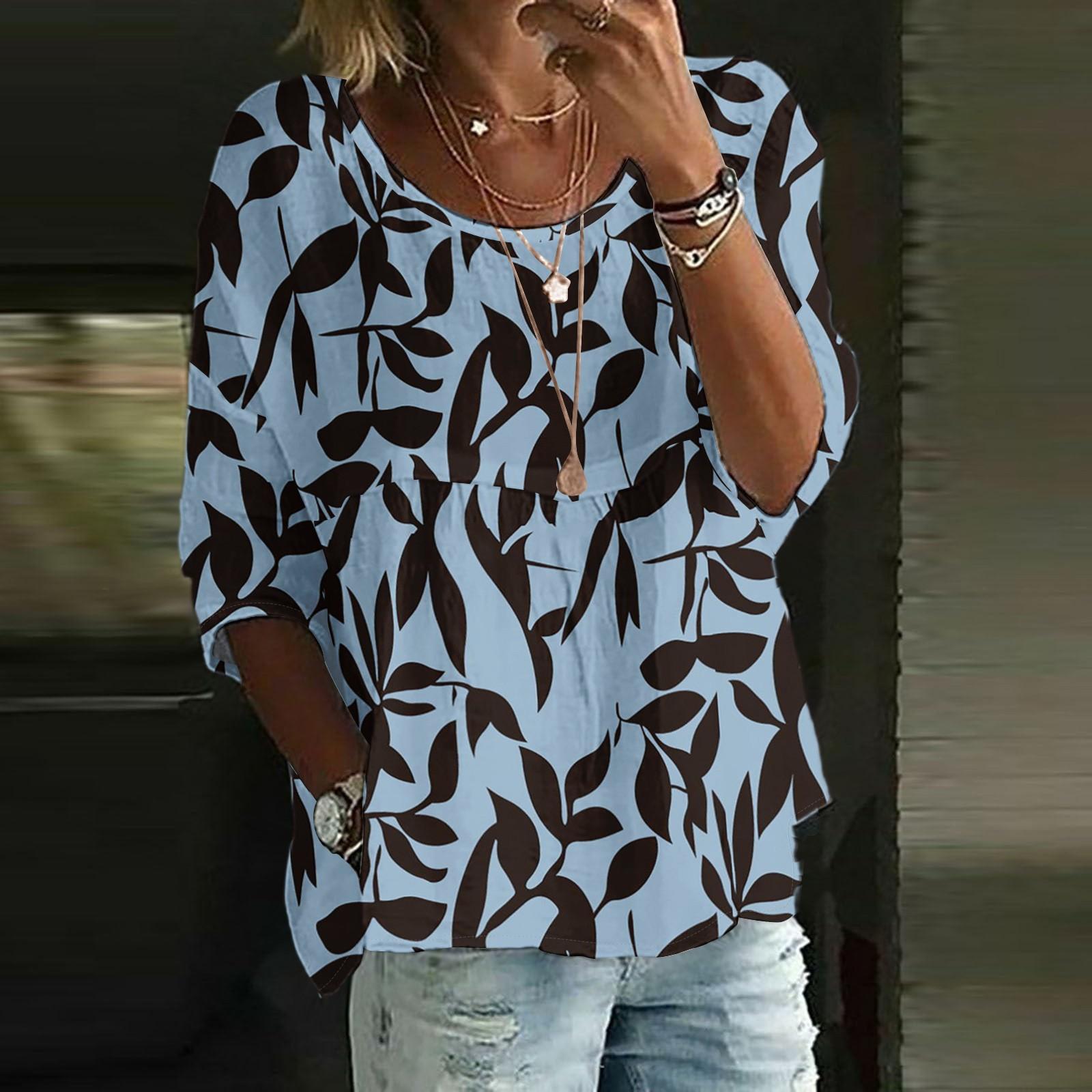 

Женский повседневный модный топ с рукавом три четверти, свободного кроя, с круглым вырезом и цветочным принтом XL синий