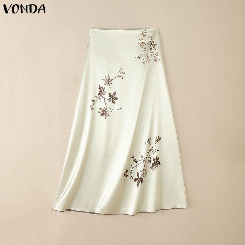 VONDA Women Casual Zip-up Print Satin Smooth Thin Maxi Skirts
