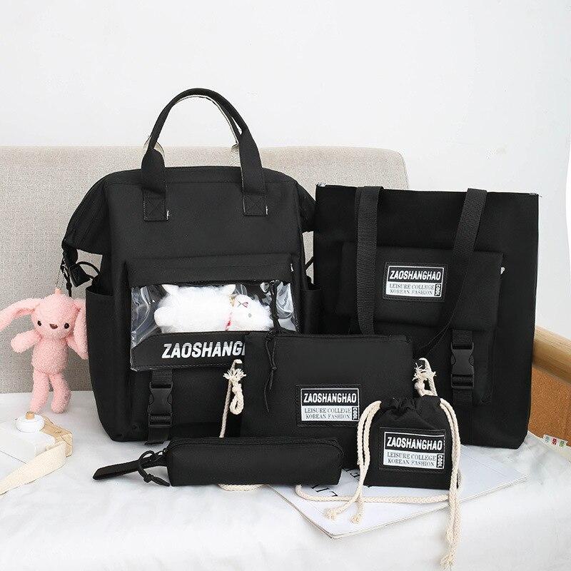 5Pcs/set Canvas School Bags for Teenage Girls 2021 Solid Color Backpacks Women Bookbags College Travel Backpacks Female Rucksack