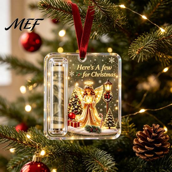 Christmas Tree Money Holder Decor Cash Gift Ornament, Acrylic Angel Santa Cat for Xmas Tree, Holiday Party Hanging Decoration with Lanyard Transparent