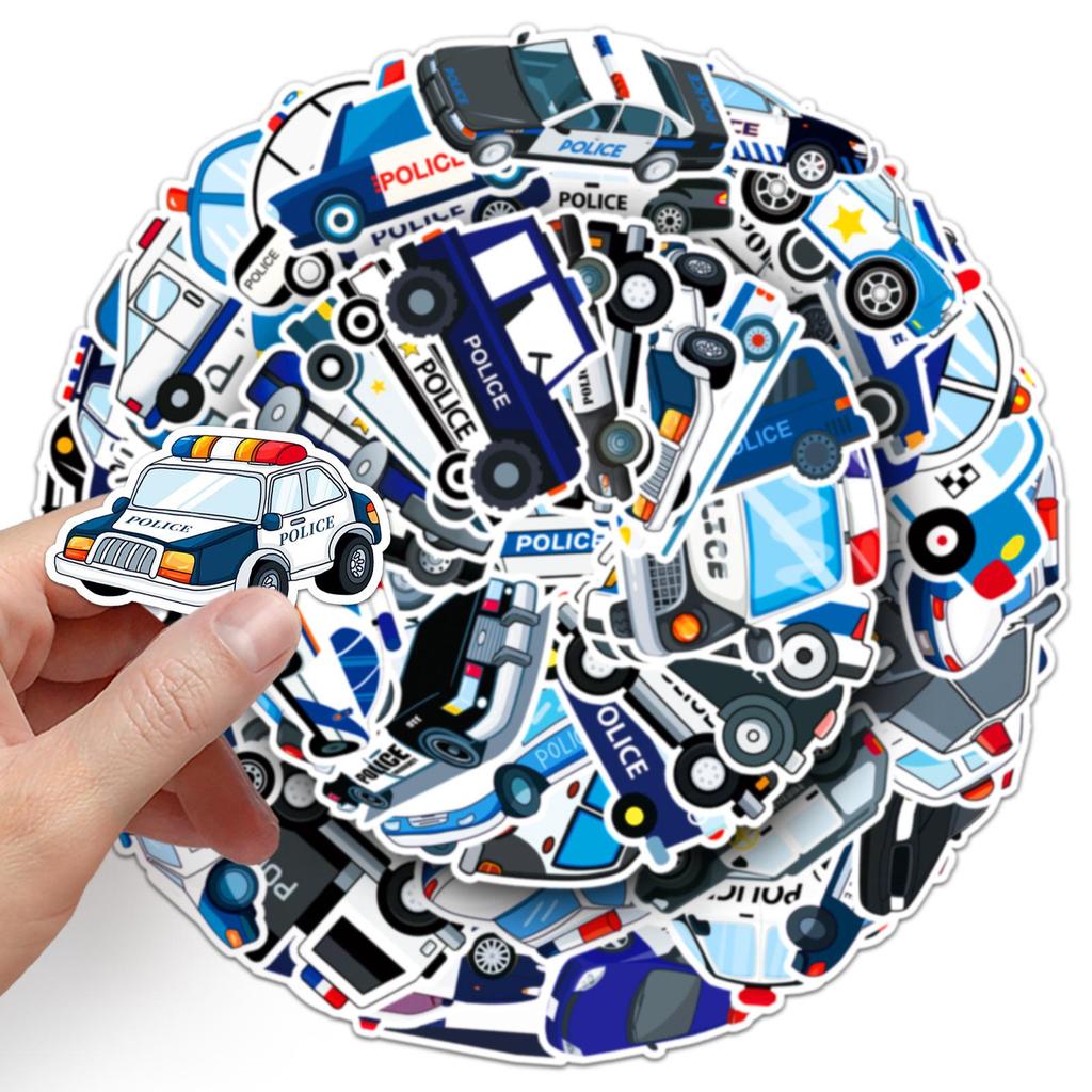 50PCS Police Car Graffiti Stickers - Cartoon Kids' DIY Skateboard & Water Bottle Decals (Waterproof)