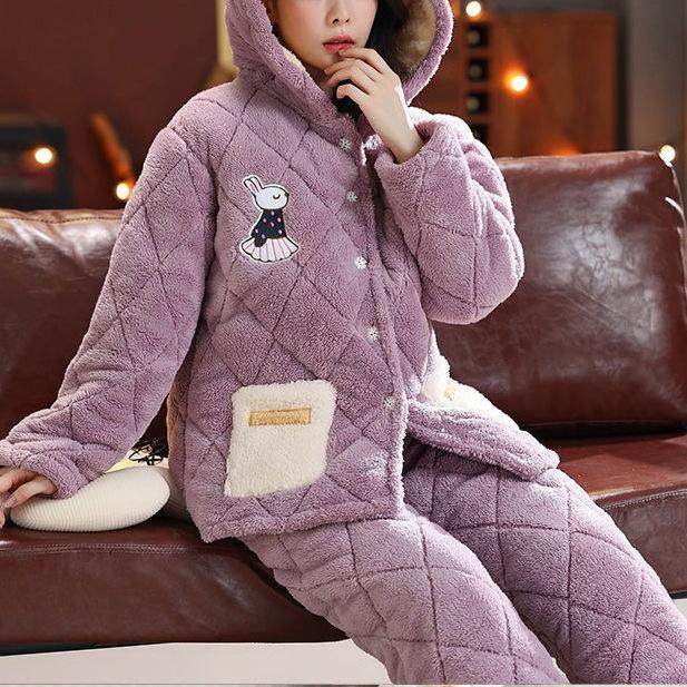 Süße warme wattierte Baumwolle kann draußen getragen werden dreilagiger Pyjama Damen Winter Loungewear verdickt saisonal große Größe