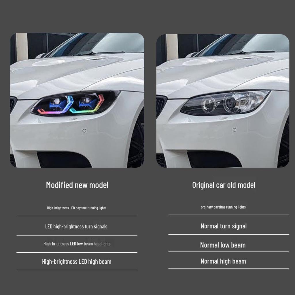 BMW 3 Series E92 E93 M3 RGB Headlight Assembly with Colorful Daytime Running Lights and Turn Signals (2005-2010).