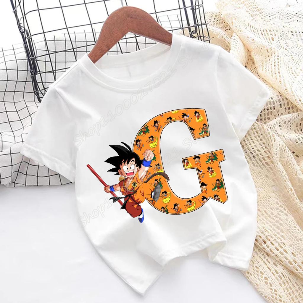 Dragon Ball Goku T-shirt Children A-Z Letter Tee Top Cartoon Summer Fashion White Short Sleeve Clothing Kids Casual Clothes Gift