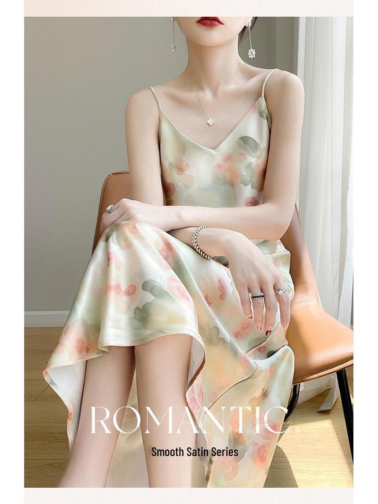 New Women's French Floral Mulberry Silk Satin V-Neck A-Line Camisole Dress - Slimming Summer Style