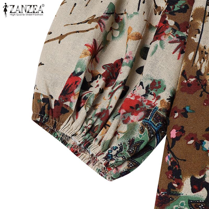ZANZEA Women Summer Print Casual V-Neck Loose 3/4 Sleeve Long Dress