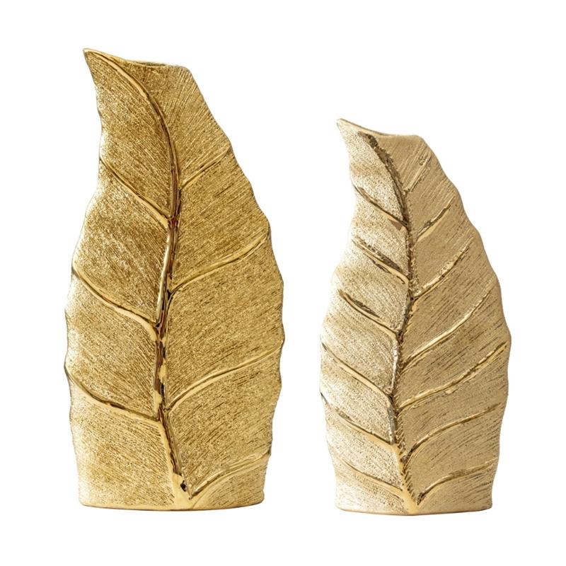 Luxury European Ceramic Vases with Golden Leaf Shape Elegant Decorative Flower Container Pot for Modern Homes Decors