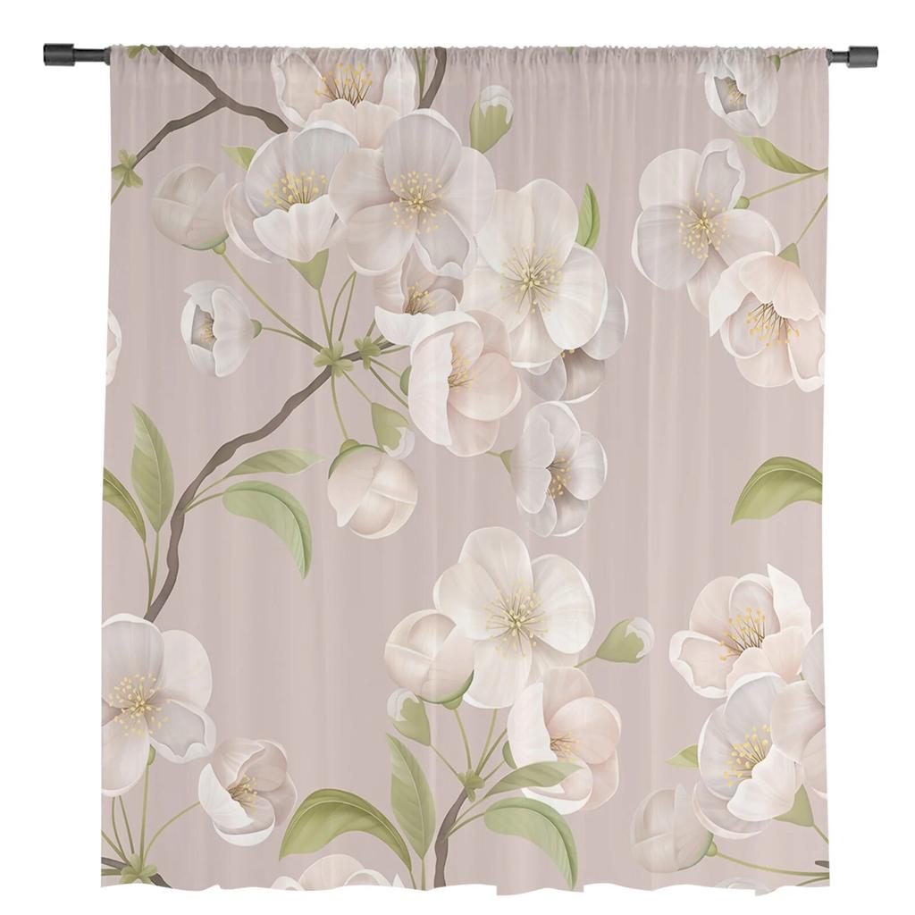 Spring Brown Background Peach Blossom Tulle Curtains for Living Room Home Decor Window Curtain Kitchen Sheer Voile Curtain