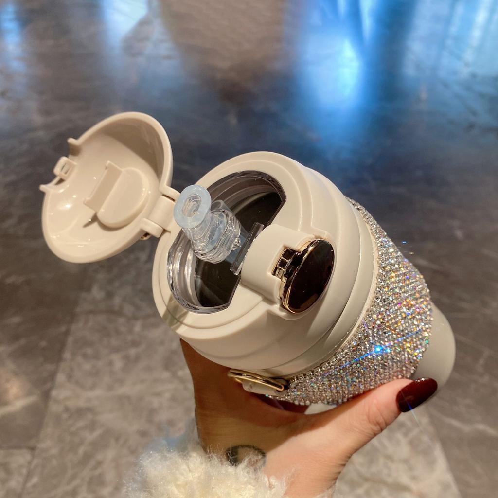 Bling Strass Tasse mit Kettenseil Glitzernde Diamant Wasserflaschen Edelstahl Becher Flasche Mädchen Frauen Geschenk Niedlicher Hase