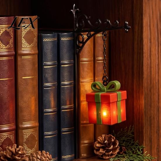 Battery Operated Bookshelf Lamp Christmas Lamp, Nook Light with Warm LED Nightlight, 3D Printed Shade, Cordless Book Vintage Hidden Metal Base,