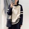 Women's 2024 Autumn/Winter Pure Wool Color-Block Round Neck Sweater – Long Sleeve, Loose, Slimming, Versatile Knitted Pullover.
