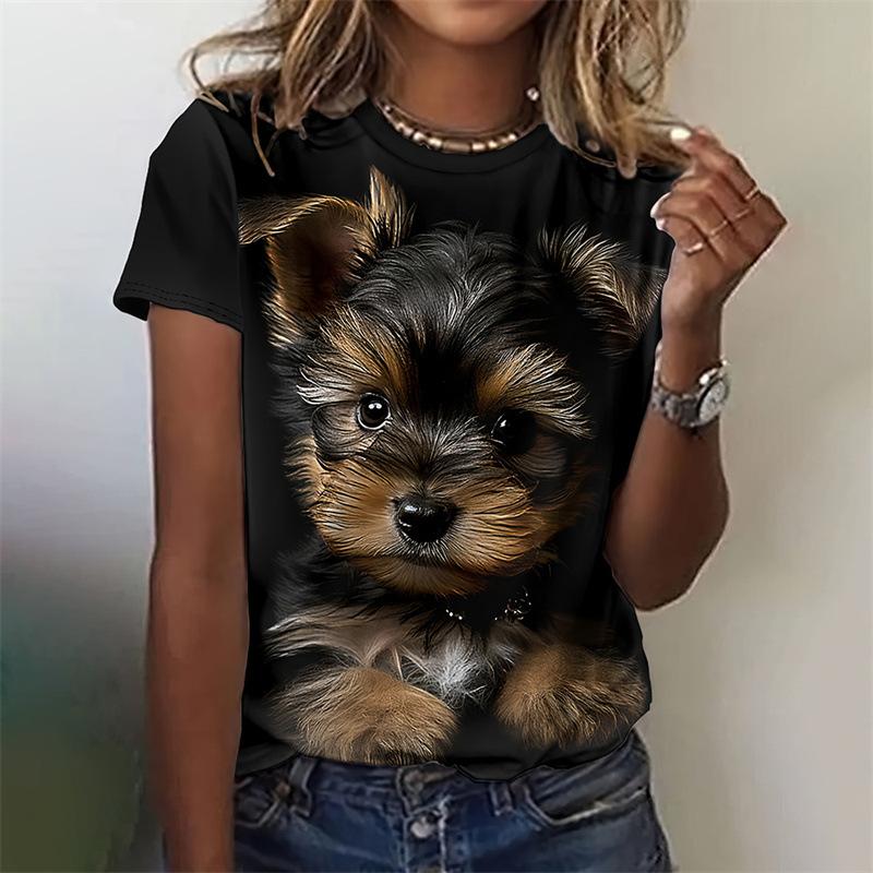 Tägliches Rundhals-Sommer-Damen-T-Shirt mit kurzen Ärmeln, 3D-Druck, kleiner Hund, lässiges T-Shirt