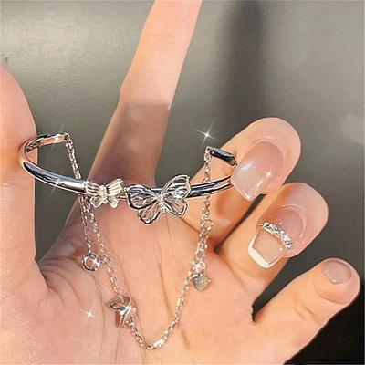 Women Elegant Bowknot Open Bracelet Tassel All-Match Butterfly Chain Jewelry Accessories Double Layer Adjustable Bracelet