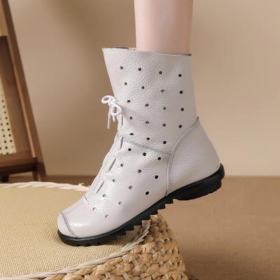 Mid-tube White Hollow Women's Leather Boots Thin Summer Breathable and Comfortable Soft Bottom Layer Cowhide Round Head Side Zipper