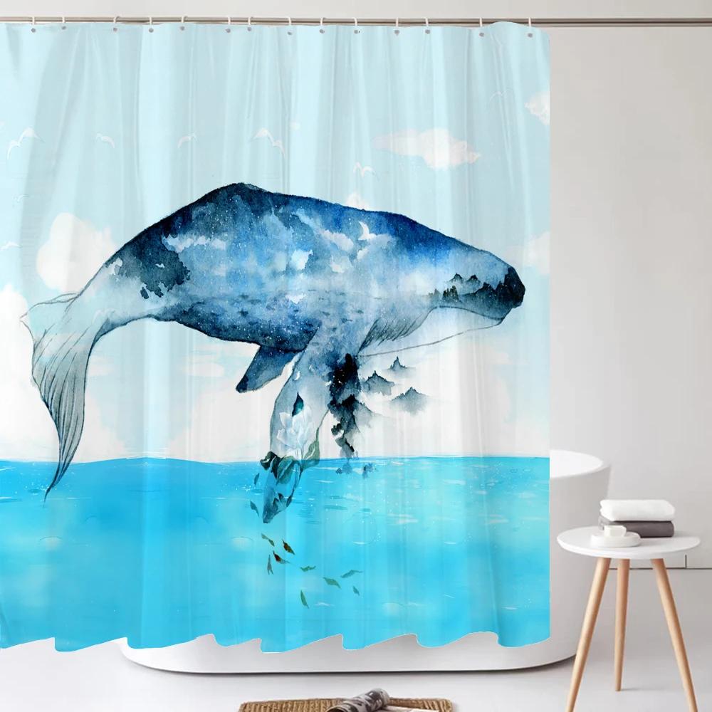 Bathroom Simple style Blue Ocean Dolphin Shower Curtain Minimalist Art Polyester Fabric Shower Curtain 180 * 180CM with Hooks W90xH180cm