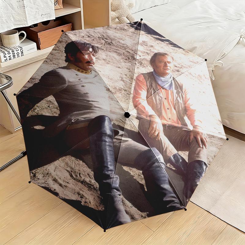 1pc Legendary John Wayne Umbrella Portable Folding Umbrella Iron Frame Hole Bone Structure Outdoor Home Umbrella