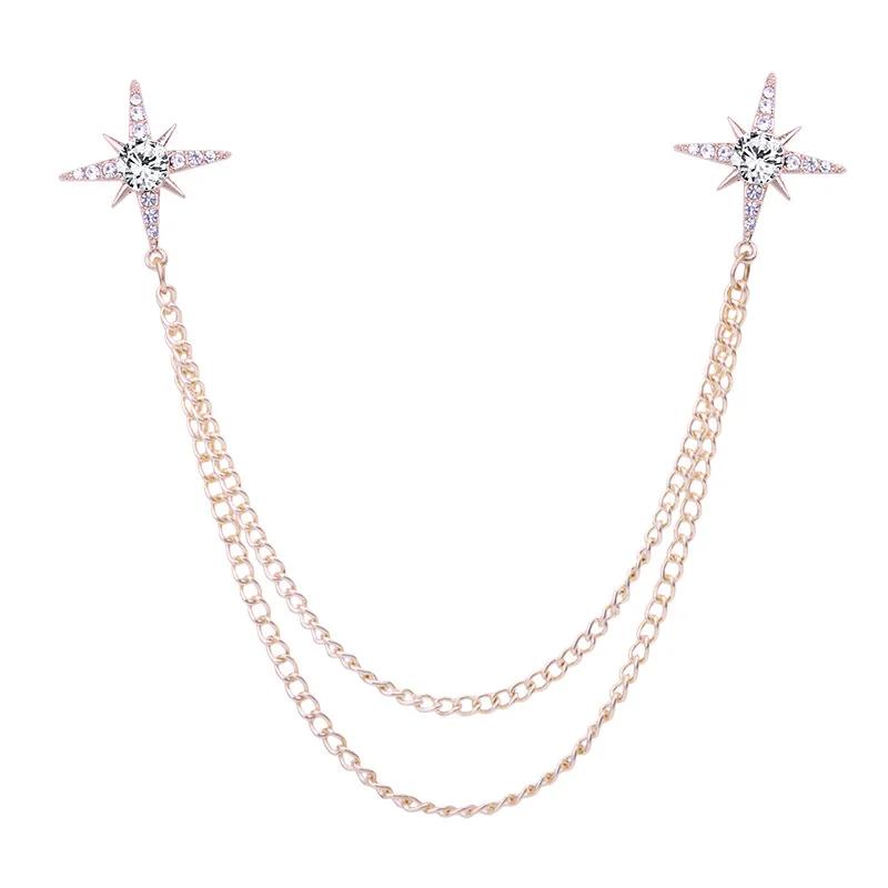 Korean Fashion Tassel Chain Star Brooch Rhinestone Crystal Lapel Pin Badge Men's Shirt Collar Pins Luxulry Jewelry Brooches Gift