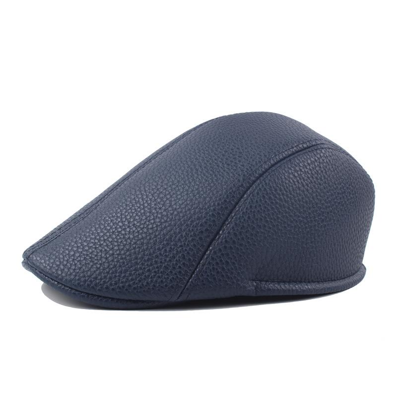 Winter Pu Hat Men'S Fleece Thickened Leather Forward Hat British Style Simple Beret Monochrome Leather Hat