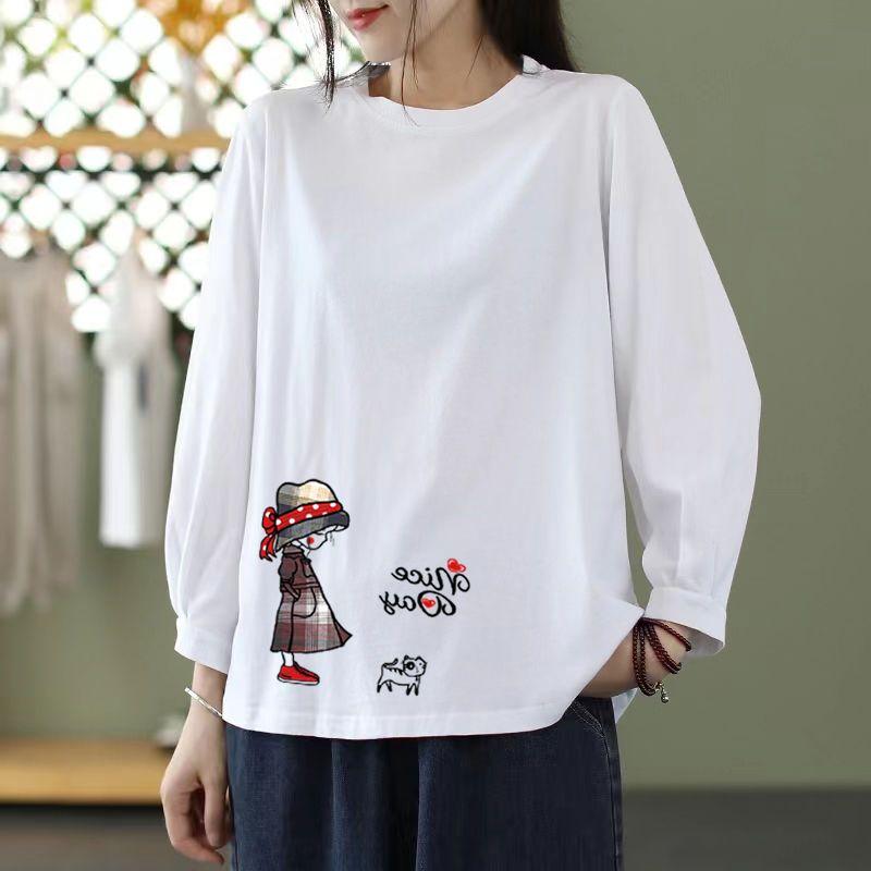 Women T-shirt with Nine Sleeve Spring Autumn Korean Style Plain Loose Plus Size Round Neck