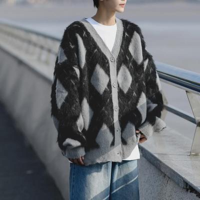 Men's Retro College-Style Diamond Check Cardigan - Autumn/Winter Casual Knit Sweater for Couples.
