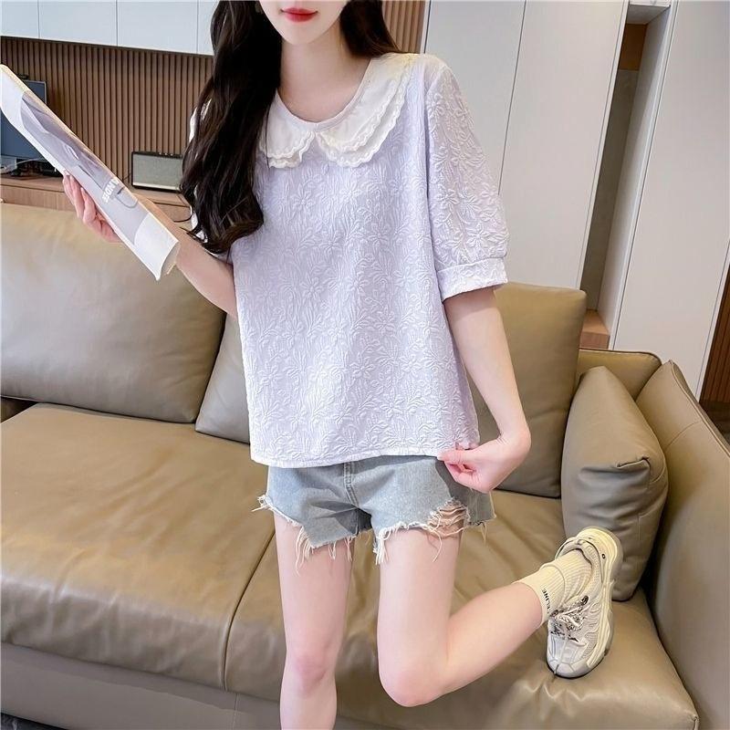 Women's Solid Color Shirt Ladies' Peter Pan Collar Short Sleeved Blouses Summer New Korean Version Versatile Loose Top