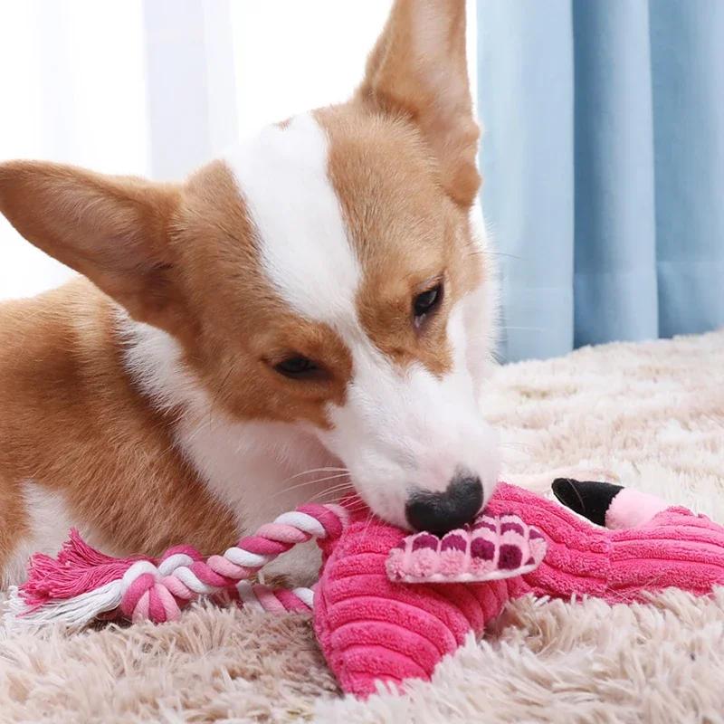 Interactive Fun Pink Flamingo Plush Dog Toy with Chew Rope Cute Sound Effect Suitable for Small To Large Pets