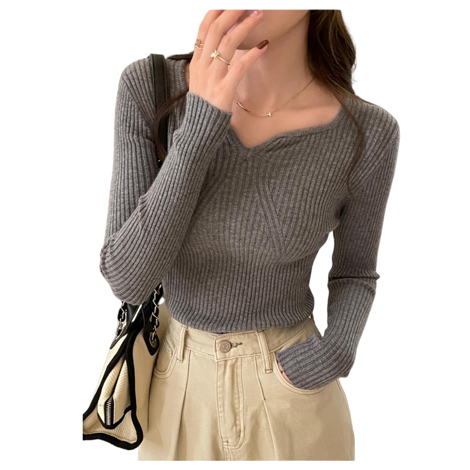 

GDenFrog Ribbed Knit Highly Long One Size Fits Spring V-Neck Sweater, Women s Top, Stretchy, Slimming, Casual, Sleeve, Most, Autumn, Winter, серый