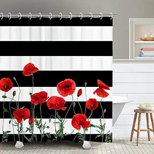 Red Poppy Flower Shower Curtain with Hooks, Washable Fabric, Bathroom Curtains, Floral