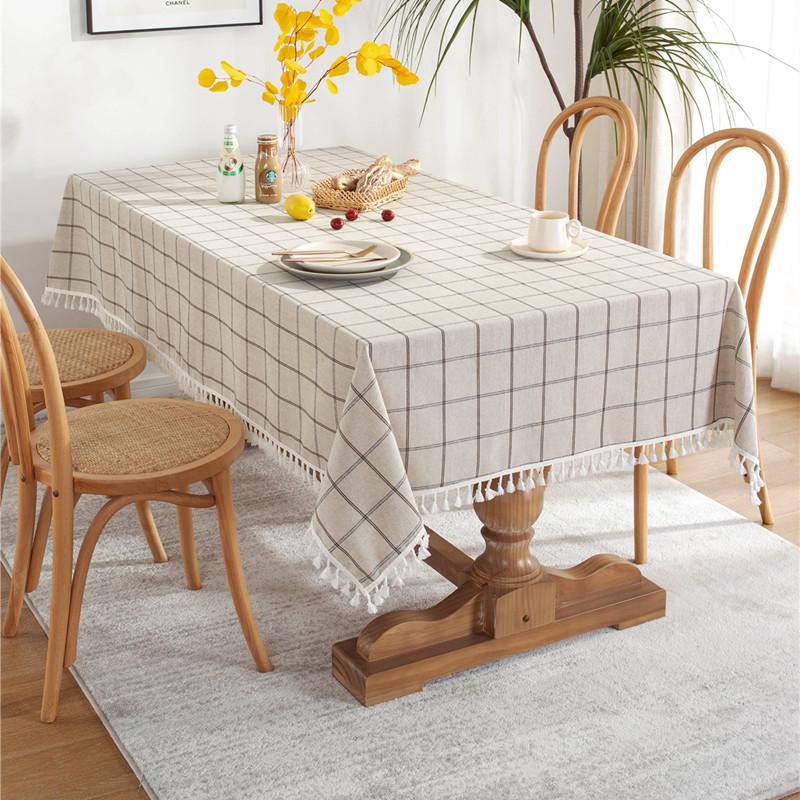 Cafe Double-Line Plaid Cotton Polyester Hemp Tassel Geometric Rectangular Dining Table Coffee Table Tablecloth Tablecloth