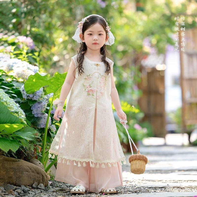 Girls' Neo-Chinese Style Vest and Pants Set Summer Thin Short Sleeve Outfit