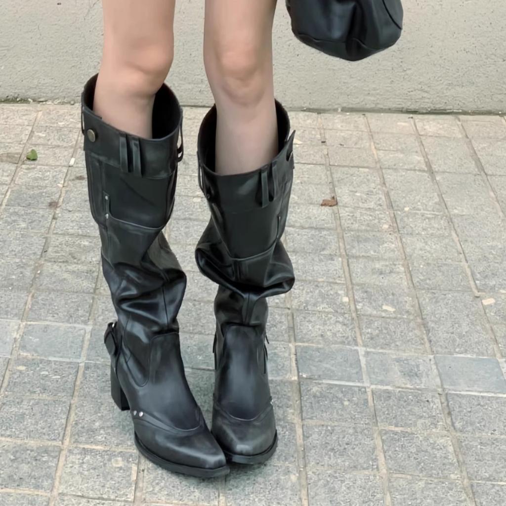 Niche Design Pointed Big Tube Circumference High Heel 2025 Spring Pile Boots Retro Western Cowboy Boots Thick Heel Boots Women