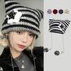 Y2K Cute Cat Ears Beanie Hat Winter Striped Korean Punk Gothic Wool Knitted Streetwear Crochet Bucket Cap