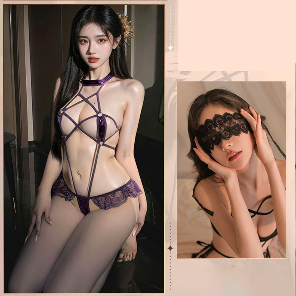 Sexy Women Babydoll Lingerie  Hollow Out Bandage Crotchless Sleepwear Exotic Erotic Underwear Sensual Nightwear Set
