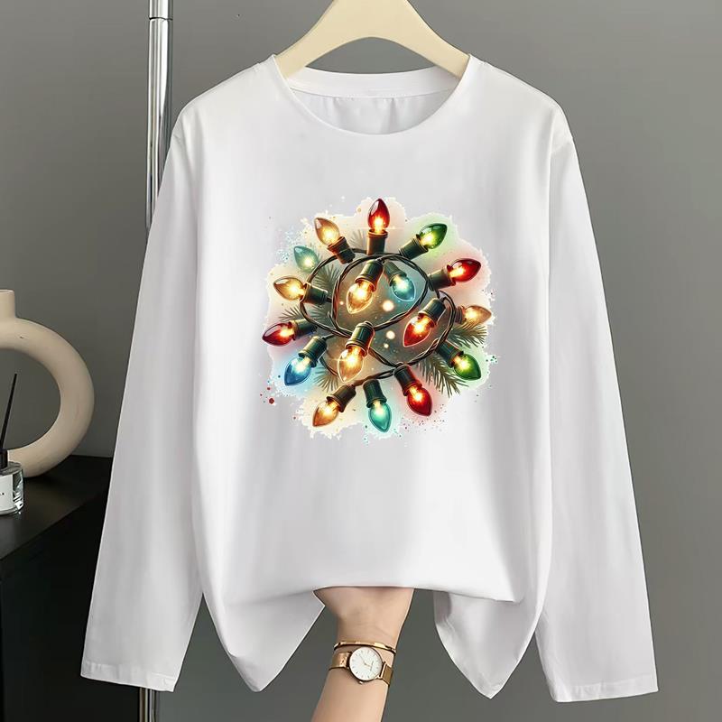 (Asian Size) Style Merry Christmas New Year Graphic Tee Women Autumn Winter Casual Fashion Top O-neck Clothing Print T Shirt Long Sleeve T-shirts