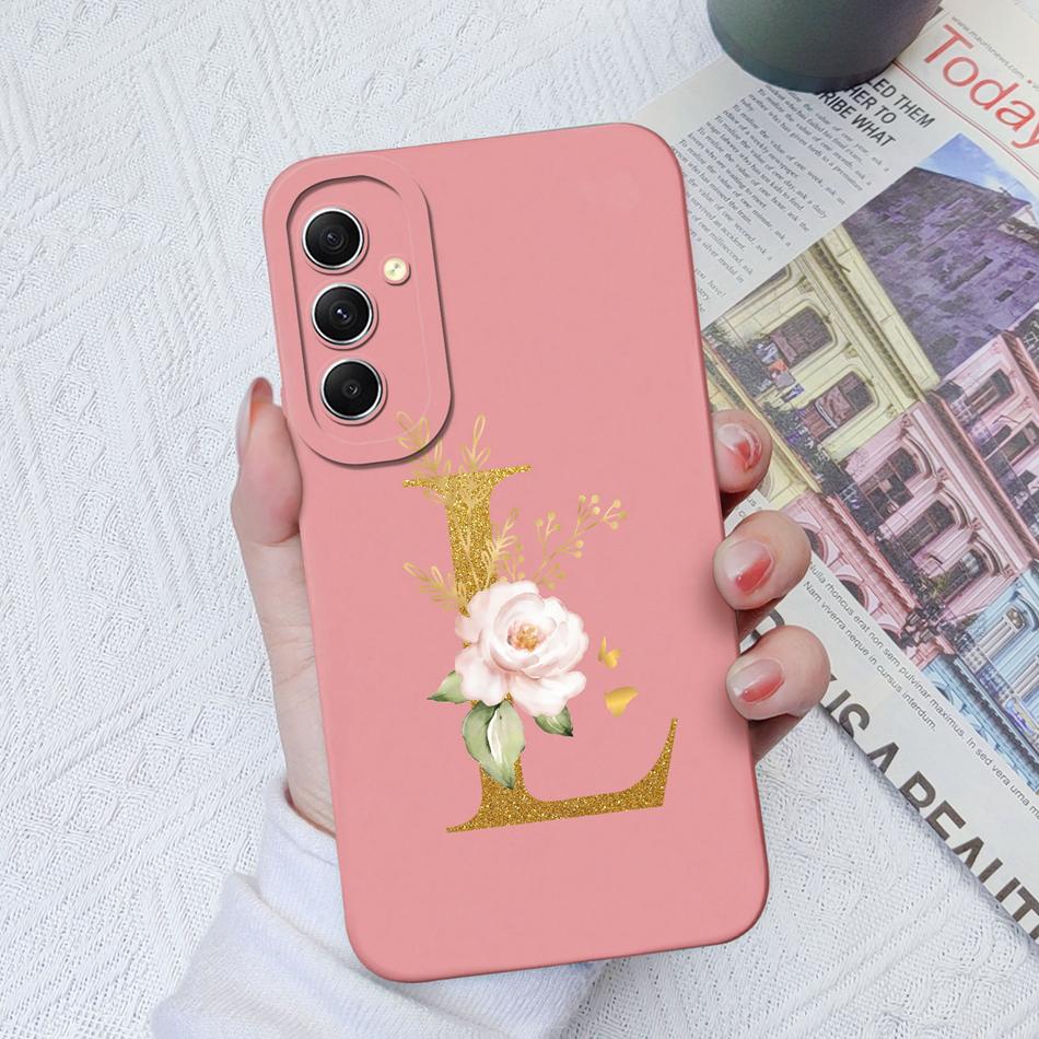 Phone Case For Samsung Galaxy A34 A33 A32 Elegant Rose Letter Soft Liquid Silicone Sqare Back Cover For Samsung A 34 33 32 Shell