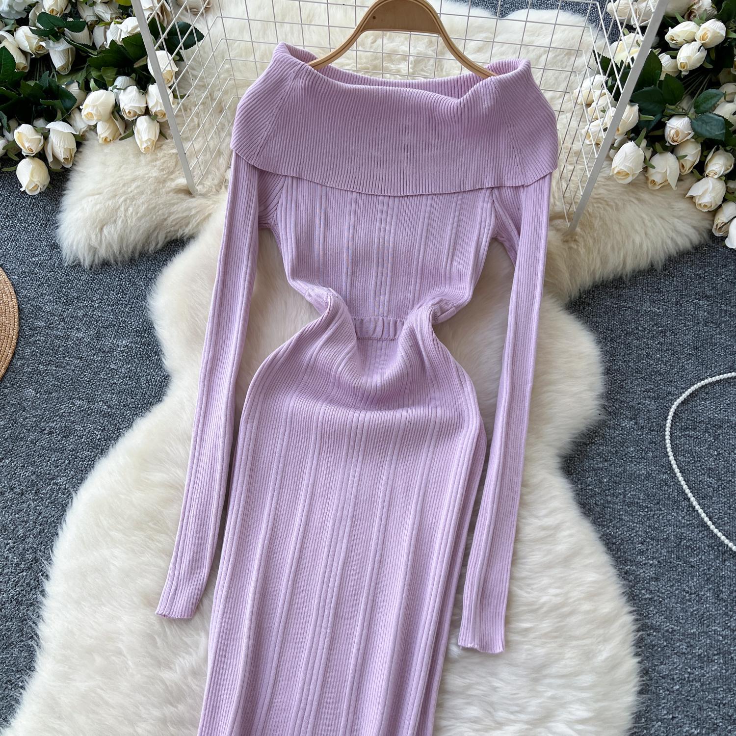 Трикотажные длинные платья для женщин с вырезом-лодочкой и открытыми плечами — фото 16