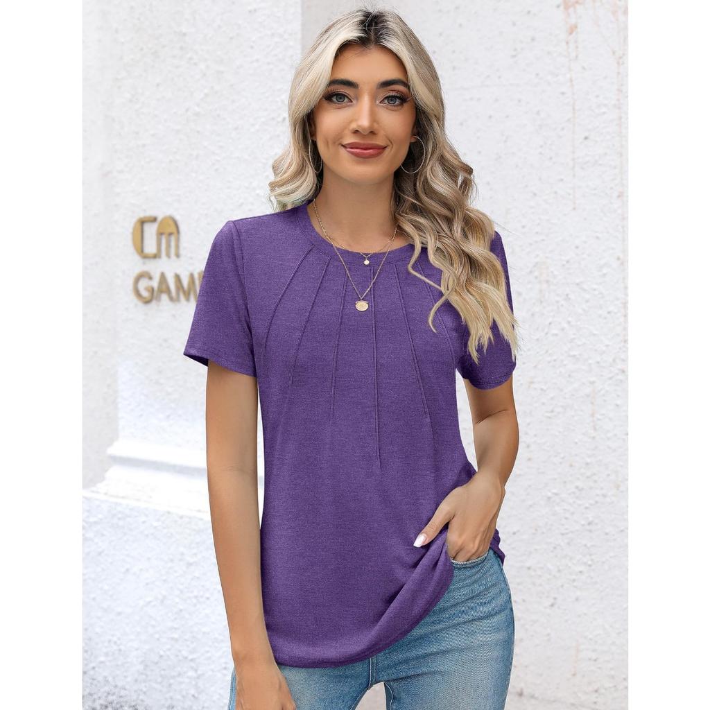 Damen gerafftes Rundhals-Kurzarm-T-Shirt Top, Beliebte lässige Mode-T-Shirts für Damen, Grenzüberschreitende Damenbekleidung für Europa und Amerika