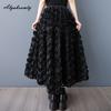 Übergröße Koreanische Mode Frühling Herbst Damen Schwarzer Rock Hohe Taille Rose Midi-Rock Elegant Feminin Party Ballkleid Röcke Mit Taschen