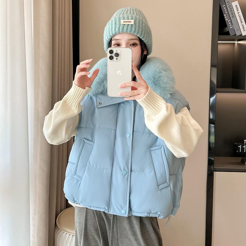 

Женский хлопковый жилет с большим меховым воротником, свободный пуховый хлопковый жилет, куртка, женский хлопковый жилет, новая хлопковая одежда XXL небесно-голубой