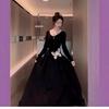 Autumn New Long-sleeved Irregular Butterfly Small Black Dress Long Dress Early Autumn Wear Elastic Waist Pinch Dress