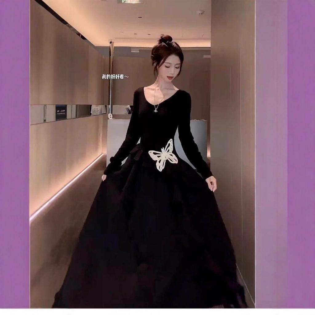 Autumn New Long-sleeved Irregular Butterfly Small Black Dress Long Dress Early Autumn Wear Elastic Waist Pinch Dress