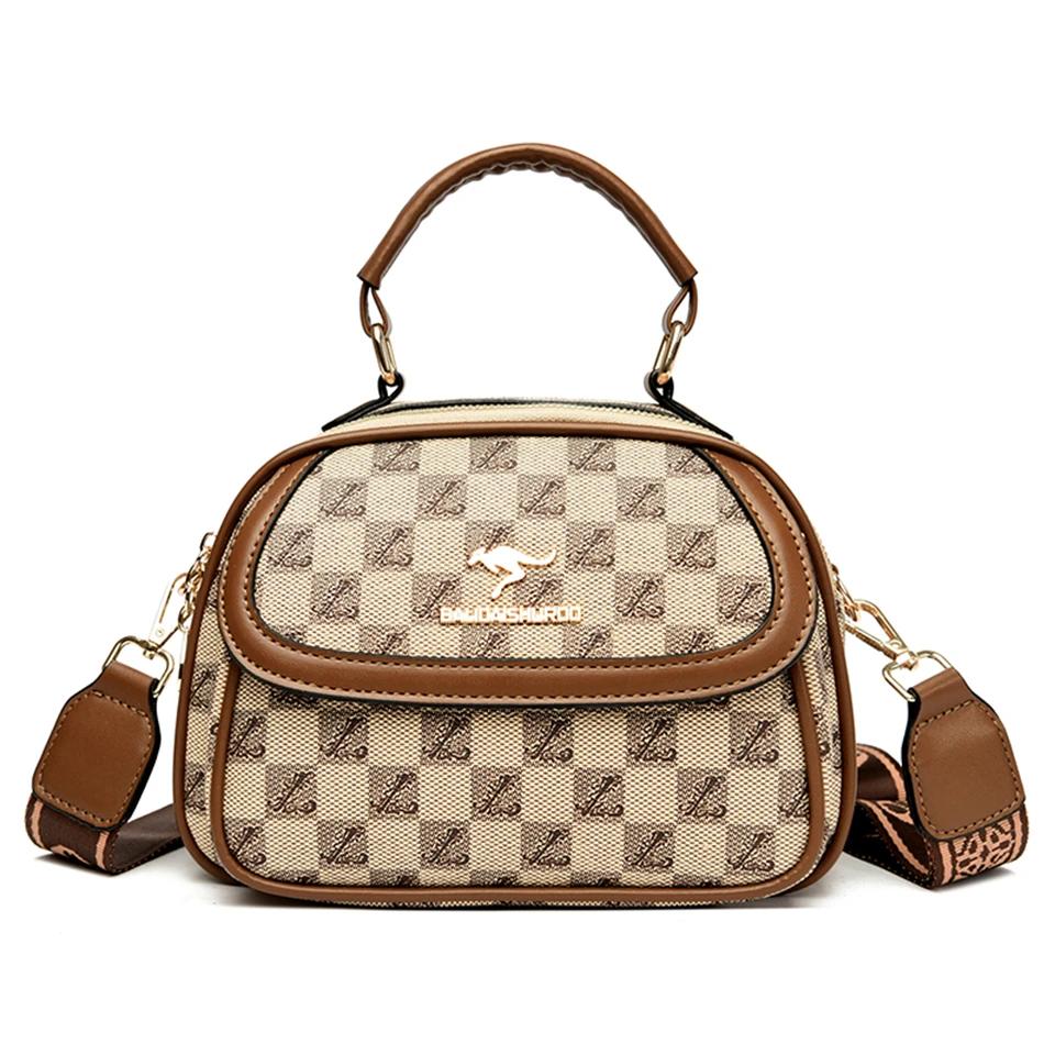 Women's Small Crossbody Tote Bag with  Pattern Two Compartment Handbag Kangaroo Logo Brown and   Designer Shoulder Bag